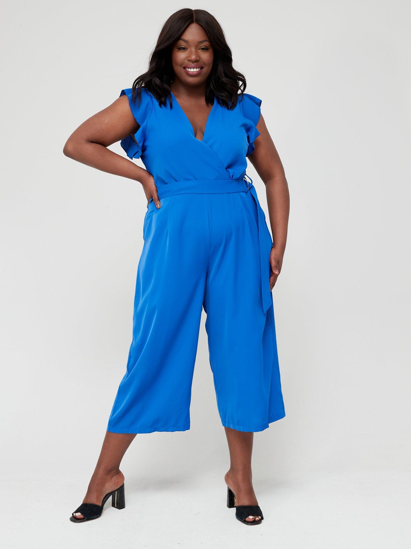AX PARIS CURVE Belted Frill Sleeve Jumpsuit - Blue | very.co.uk