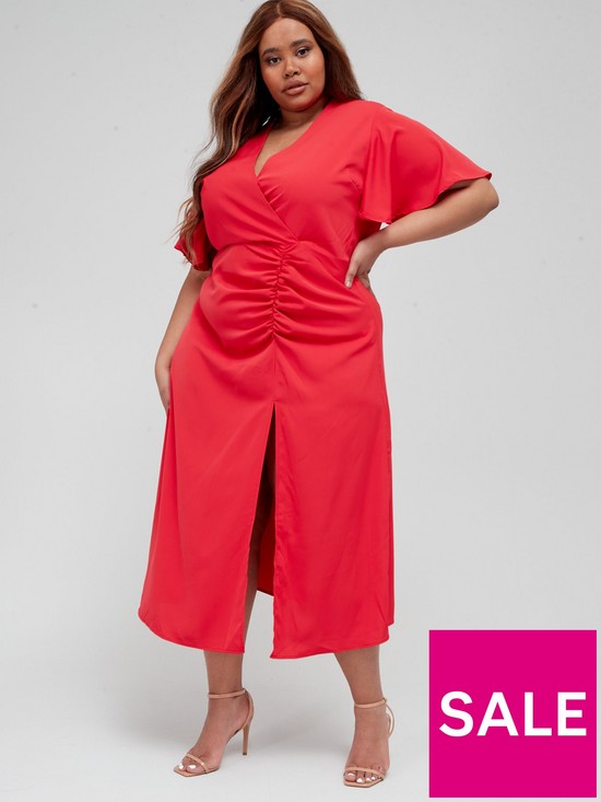 front image of ax-paris-curve-ruched-midi-dress-red