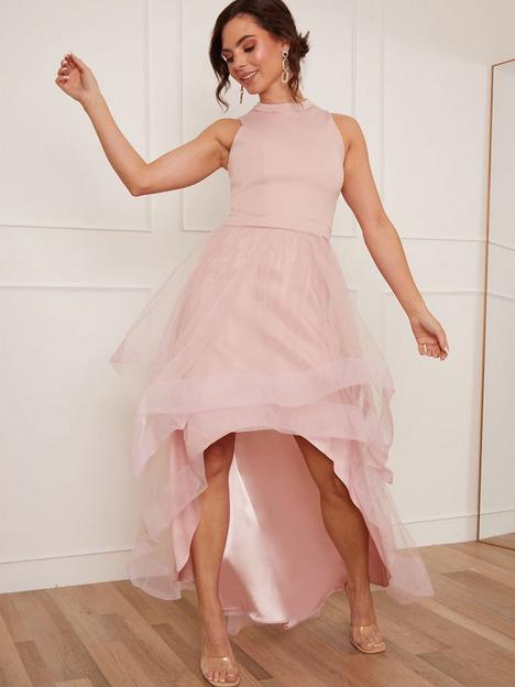 chi-chi-london-petite-dip-hem-high-neck-dress-with-tulle-skirt--nbsppink