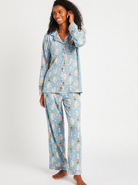 chelsea-peers-button-down-mermaid-print-pyjama-set-blue