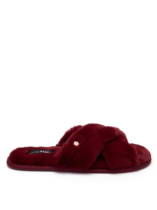front image of pour-moi-faux-fur-crossover-slider-slipper-berry