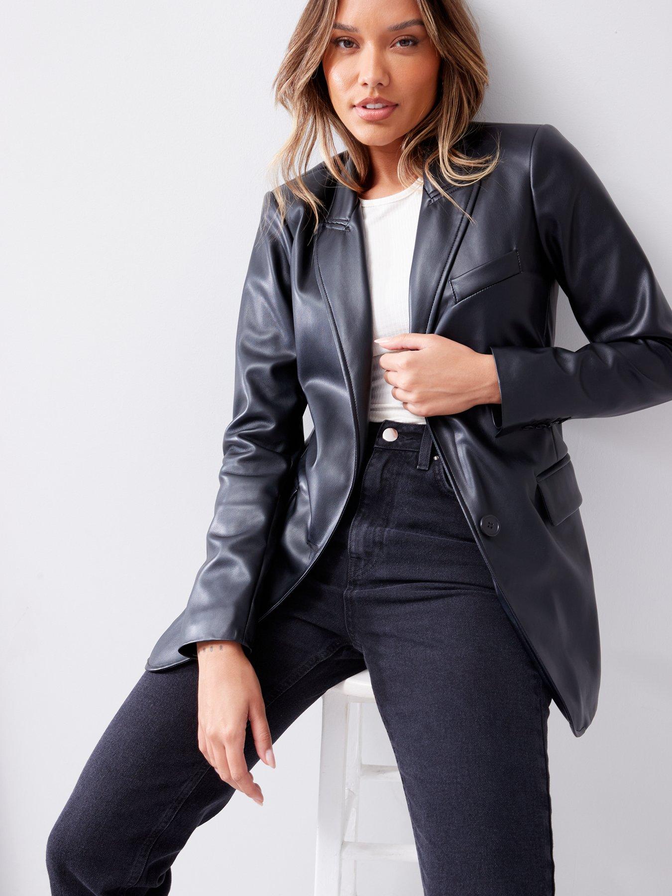 V by Very Faux Leather Blazer Black Very