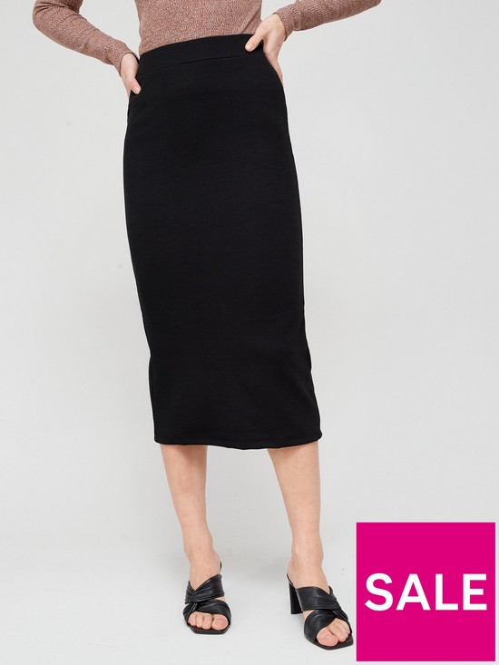 front image of v-by-very-rib-high-waist-midi-skirt-black