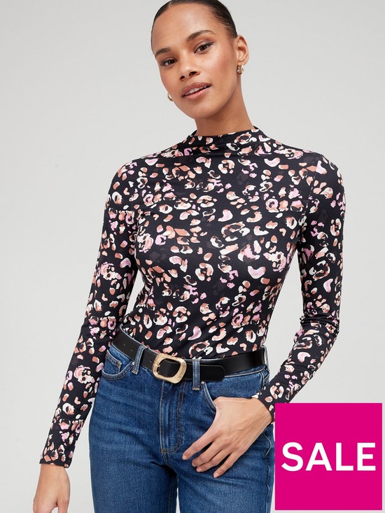 front image of v-by-very-high-neck-long-sleeve-top-pink-animal-print