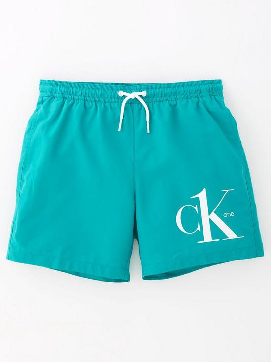 front image of calvin-klein-boys-ck-logo-swim-shorts-teal