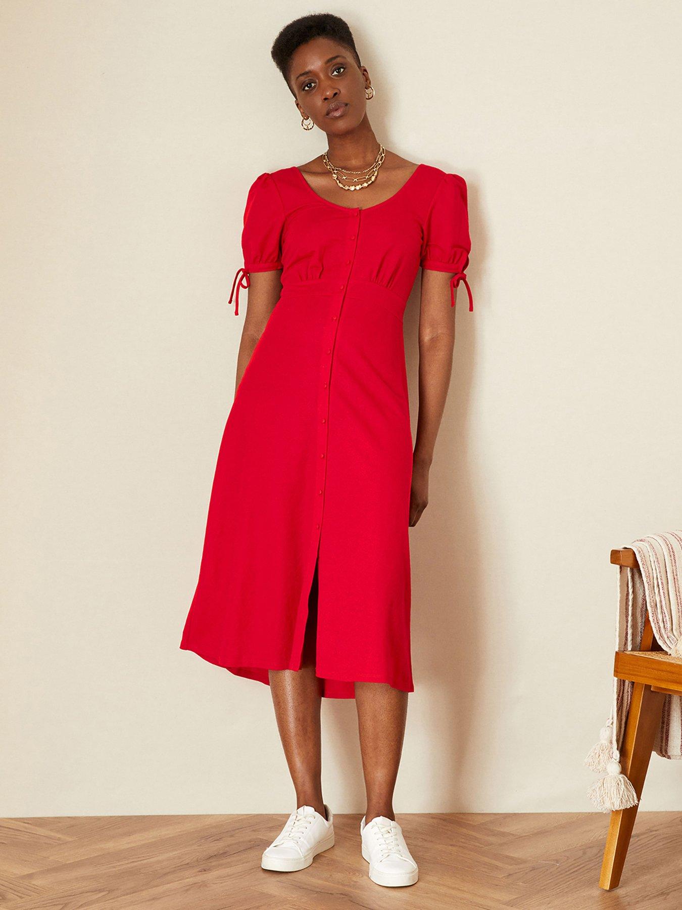 Red button sales midi dress