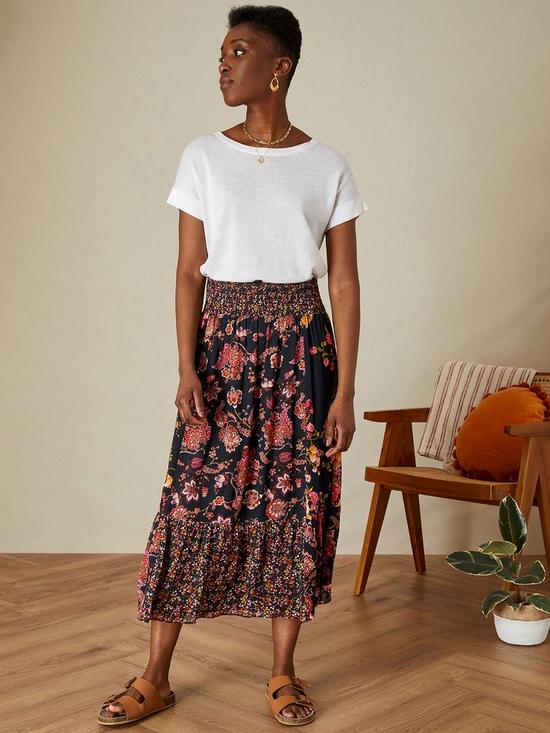 front image of monsoon-sustainable-patwork-print-midi-skirt