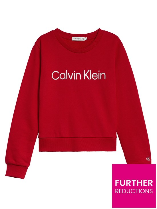 front image of calvin-klein-jeans-girls-institute-silver-logo-sweatshirt-red