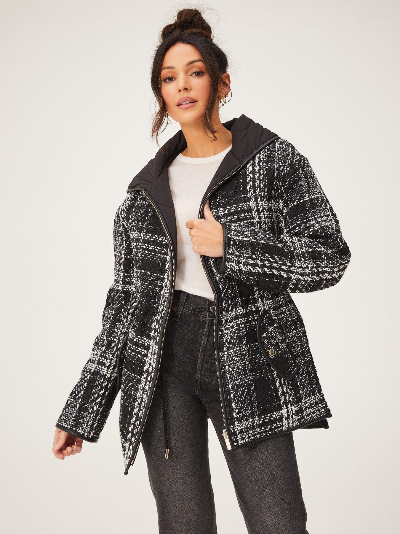 Michelle Keegan Boucle & Quilted Reversible Coat - Black