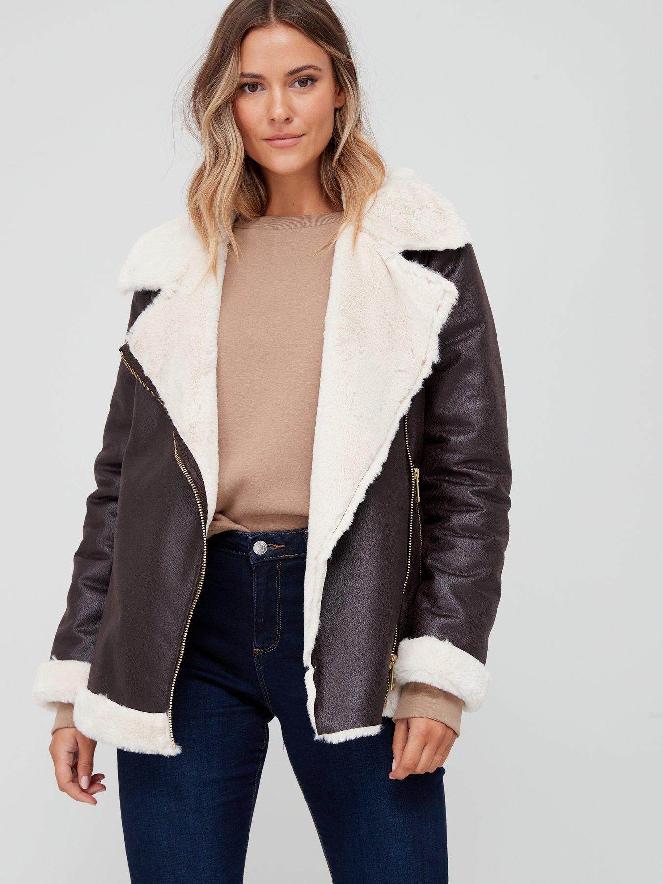 Fig & Basil Premium Faux Fur Mix Aviator Jacket - Dark Brown