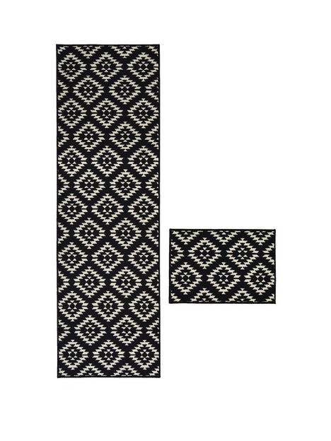 aztec-black-diamond-runner-doormat-set-57x180