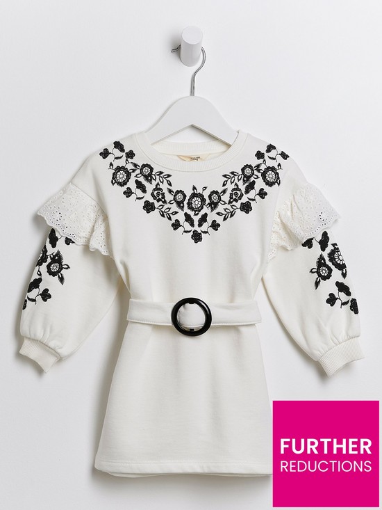 front image of river-island-mini-artisan-sweat-belted-dress-white