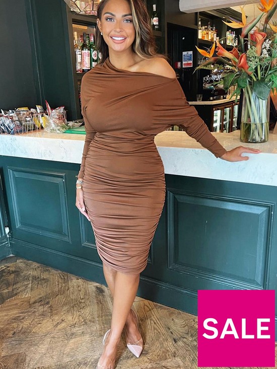 front image of ax-paris-off-shoulder-ruched-bodycon-dress