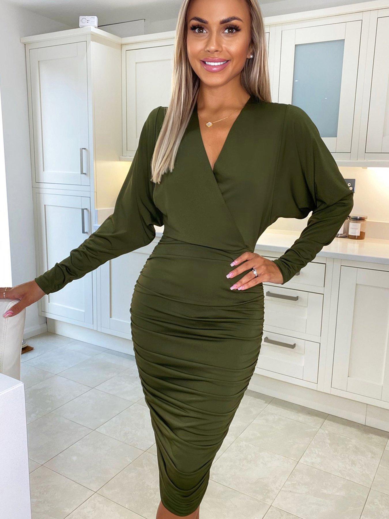  OLIVE RUCHED WRAP BODYCON DRESS