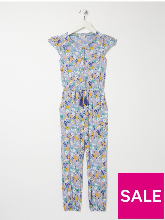 front image of fatface-girls-spring-floral-jumpsuit-blue