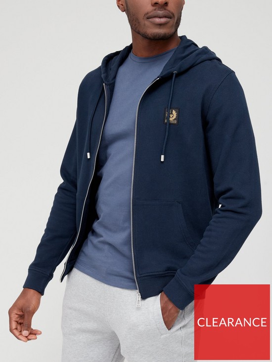 front image of belstaff-chest-logo-zip-thru-hoodie-navy