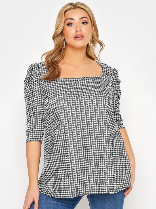 front image of yours-puff-sleeve-a-line-dogstooth-top
