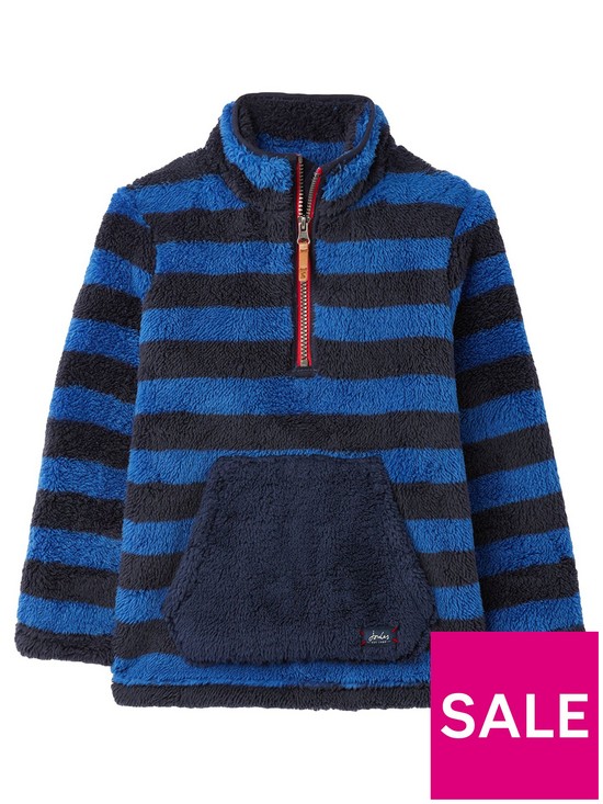 front image of joules-boys-woozle-striped-overhead-fleece-blue