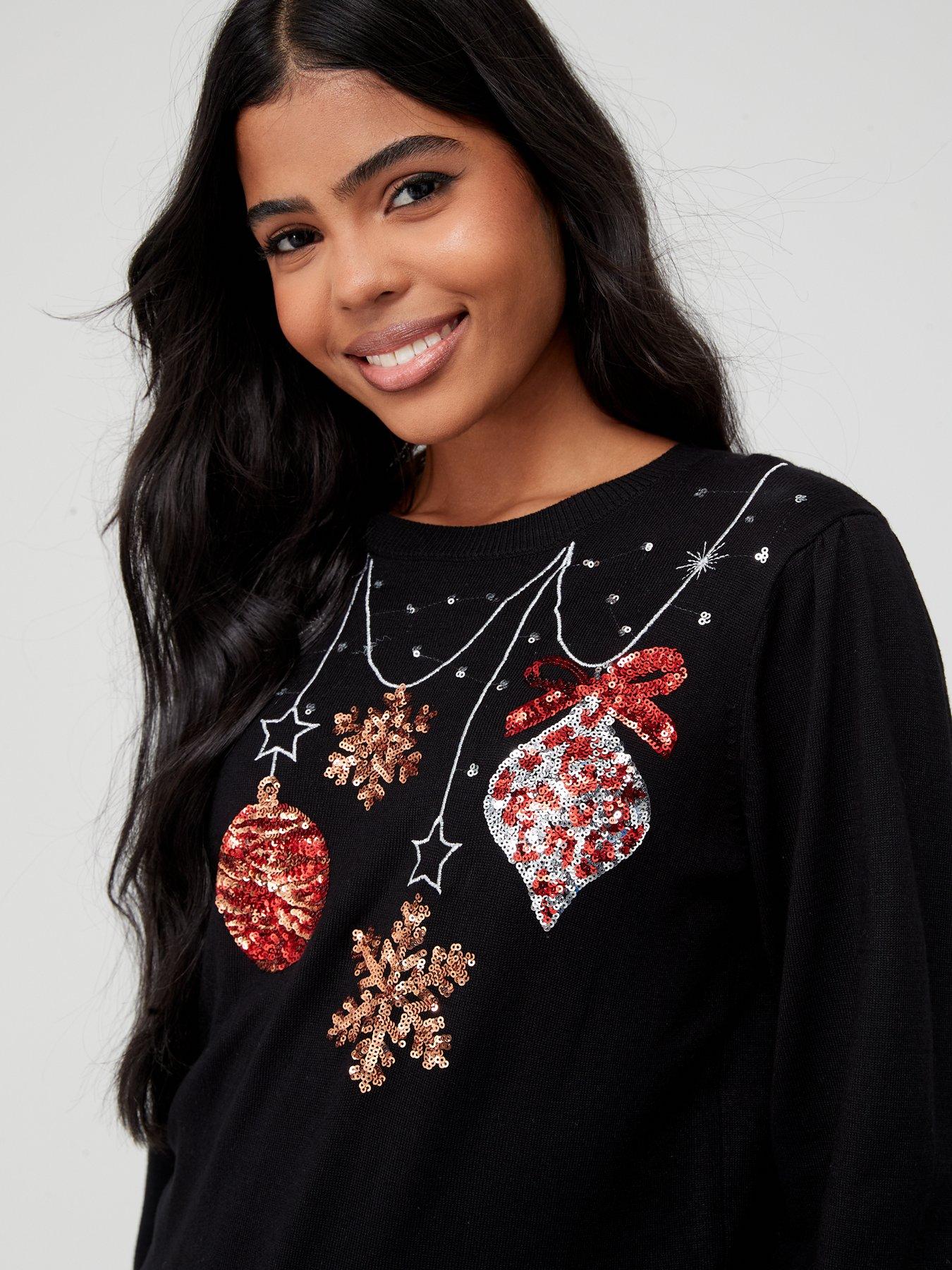 V by Very Knitted Christmas Sequin Animal Bauble Jumper Black Very