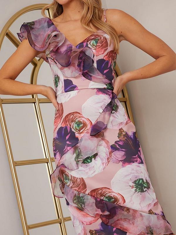 Ruffle Floral Print Bodycon Dress in Multi