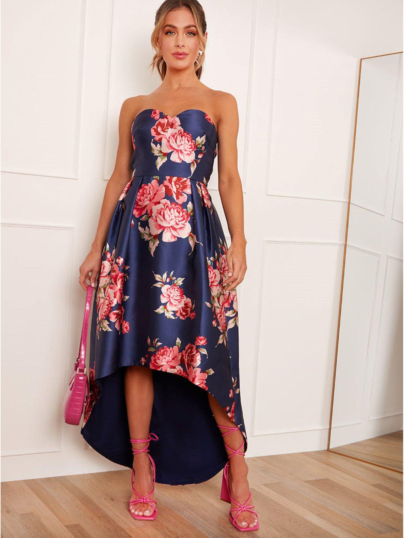 Chi Chi London Strapless Floral Printed Dip Hem Dress - Navy