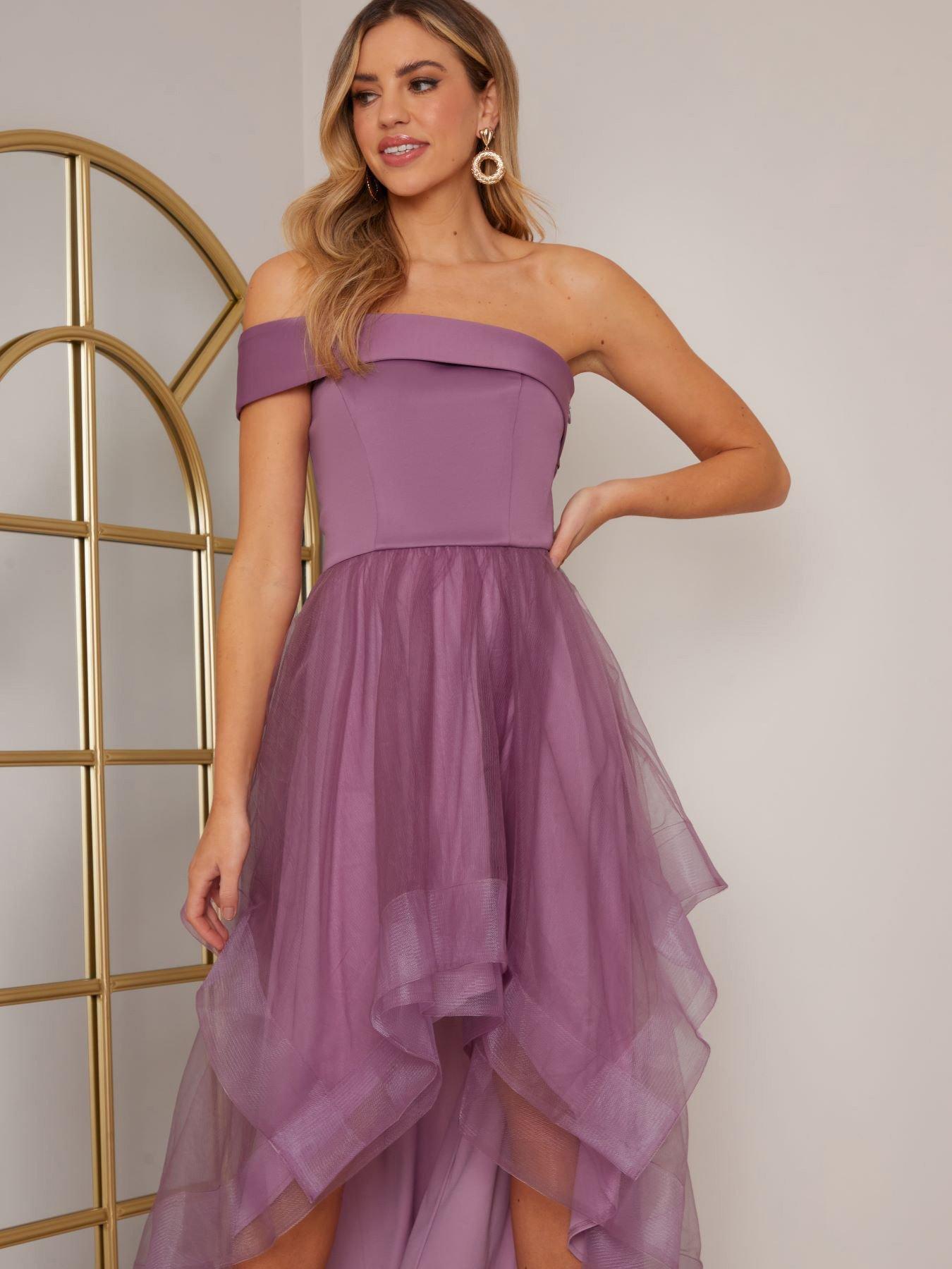 Chi Chi London One Shoulder Mesh Skirt Dip Hem Dress - Purple