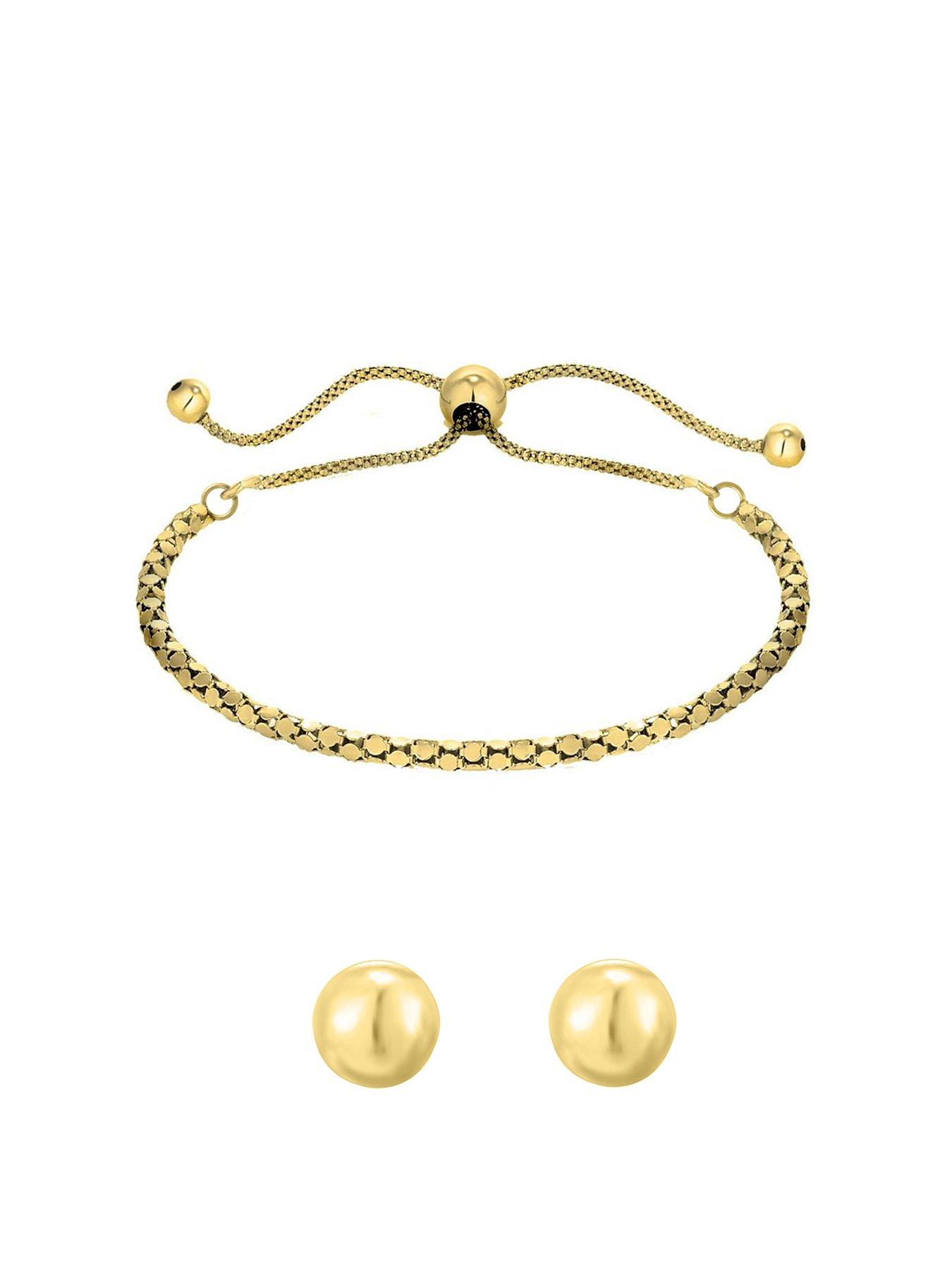 Product photograph of The Love Silver Collection 18ct Gold Plated Sterling Silver Adjustable Bracelet And 4mm Ball Studs Set from very.co.uk