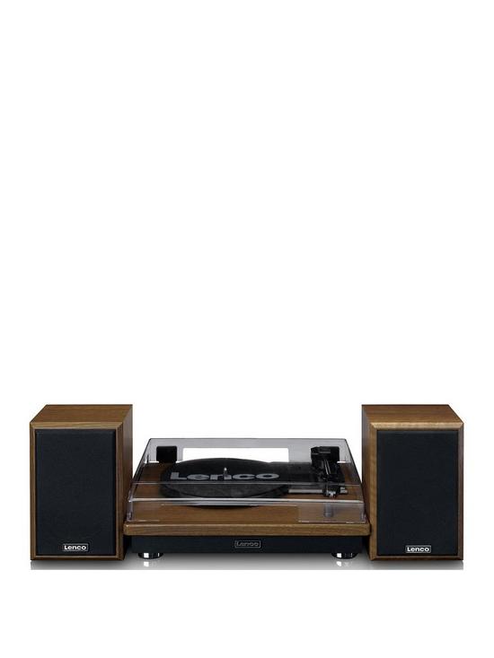 front image of lenco-ls-100-turntable-and-hi-fi-speakers