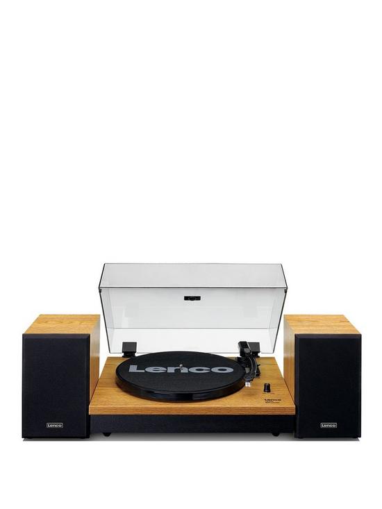 front image of lenco-ls-300-wood-turntable-and-hi-fi-speakers