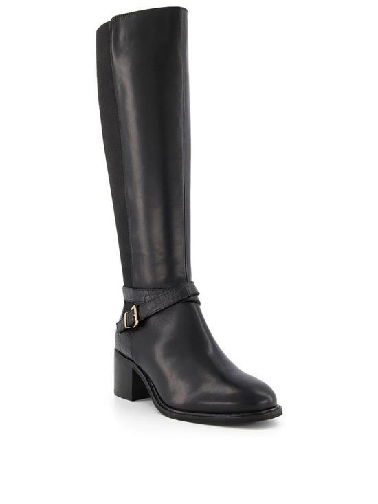 front image of dune-london-tildings-leather-strap-detail-high-leg-boot-black