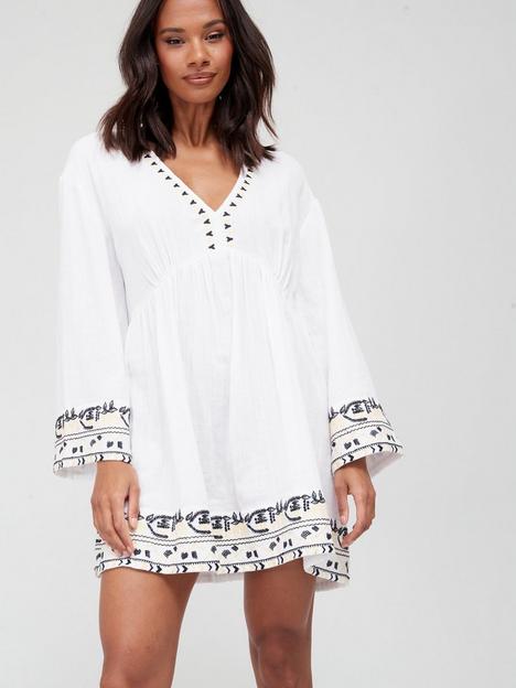 v-by-very-flute-long-sleeve-embroidered-beach-mini-dress-white