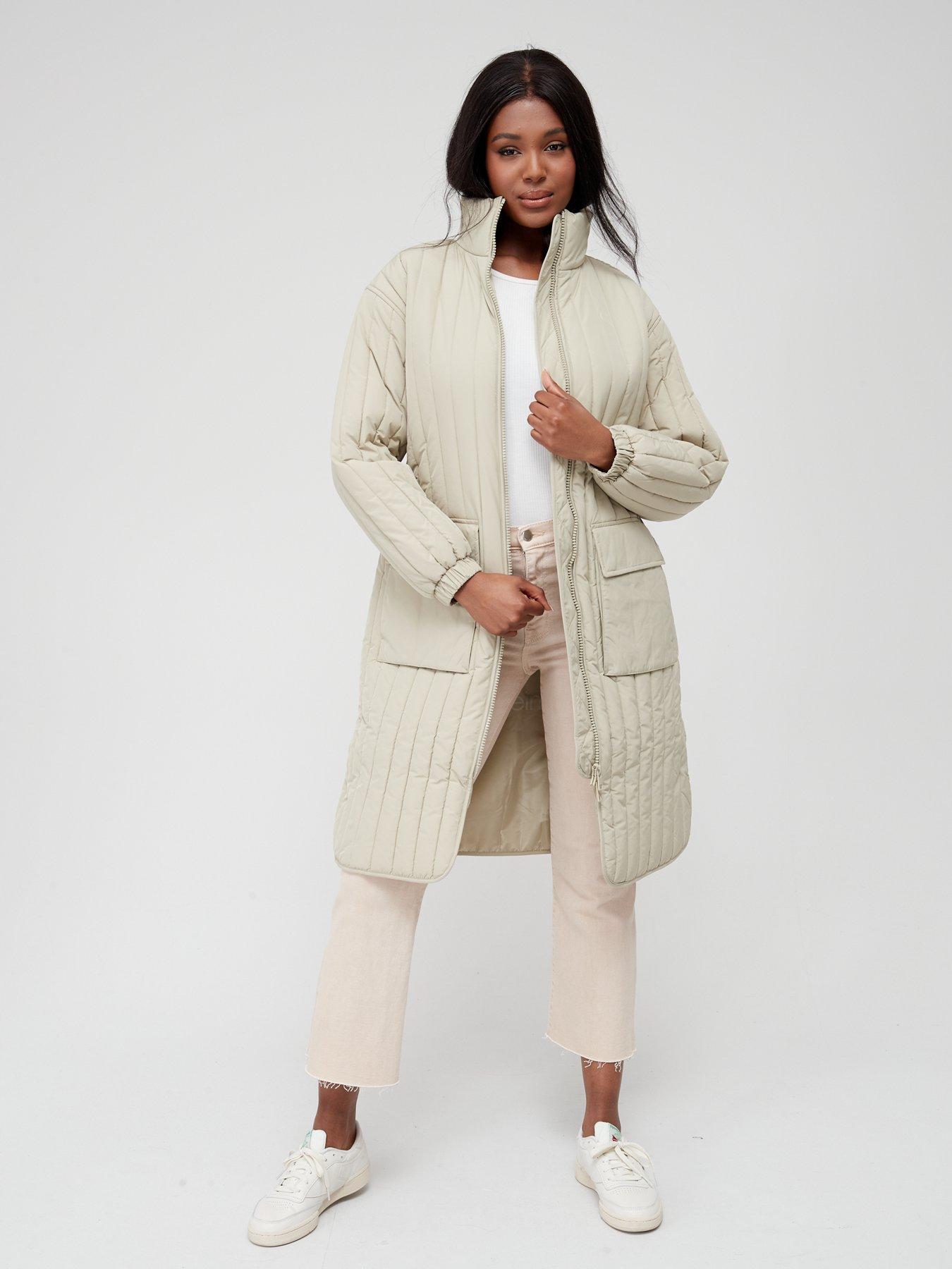 Belted Waist Oversized Quilted Coat - Beige