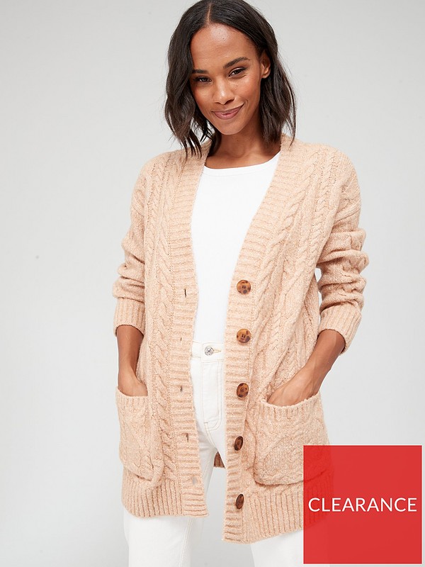 Regnjakke Regeringsforordning bagværk V by Very Knitted Chunky Cable Button Through Cardigan - Camel | very.co.uk