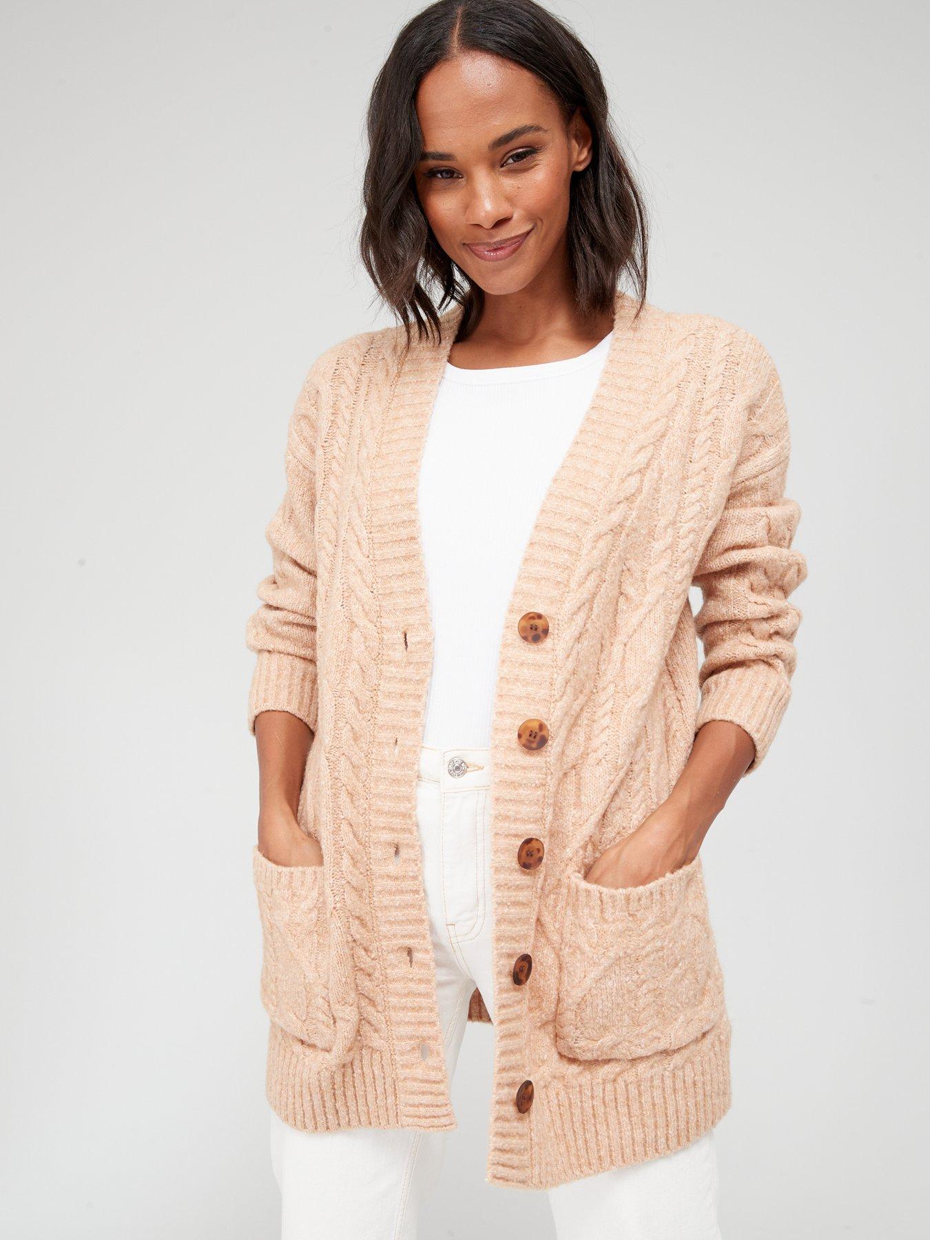 V by Very Knitted Chunky Cable Button Through Cardigan - Camel