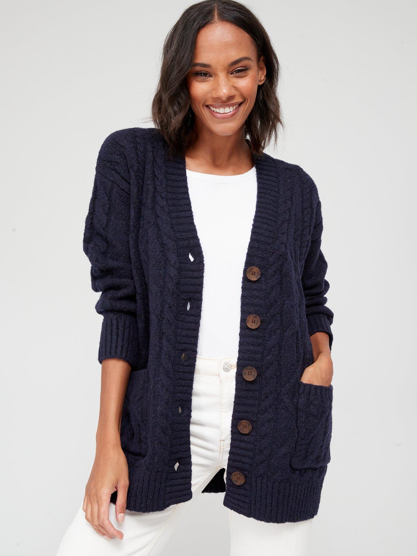 V by Very Knitted Chunky Cable Button Through Cardigan - Navy