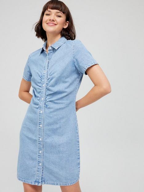 v-by-very-short-sleeve-ruched-denim-dress-mid-wash