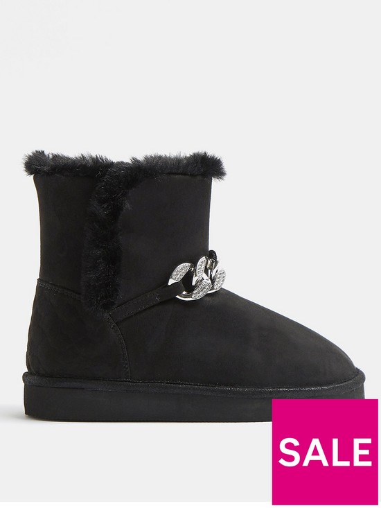 front image of river-island-girls-chain-faux-fur-boots--nbspblack