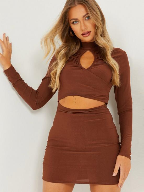 front image of quiz-long-sleeve-cut-out-dress