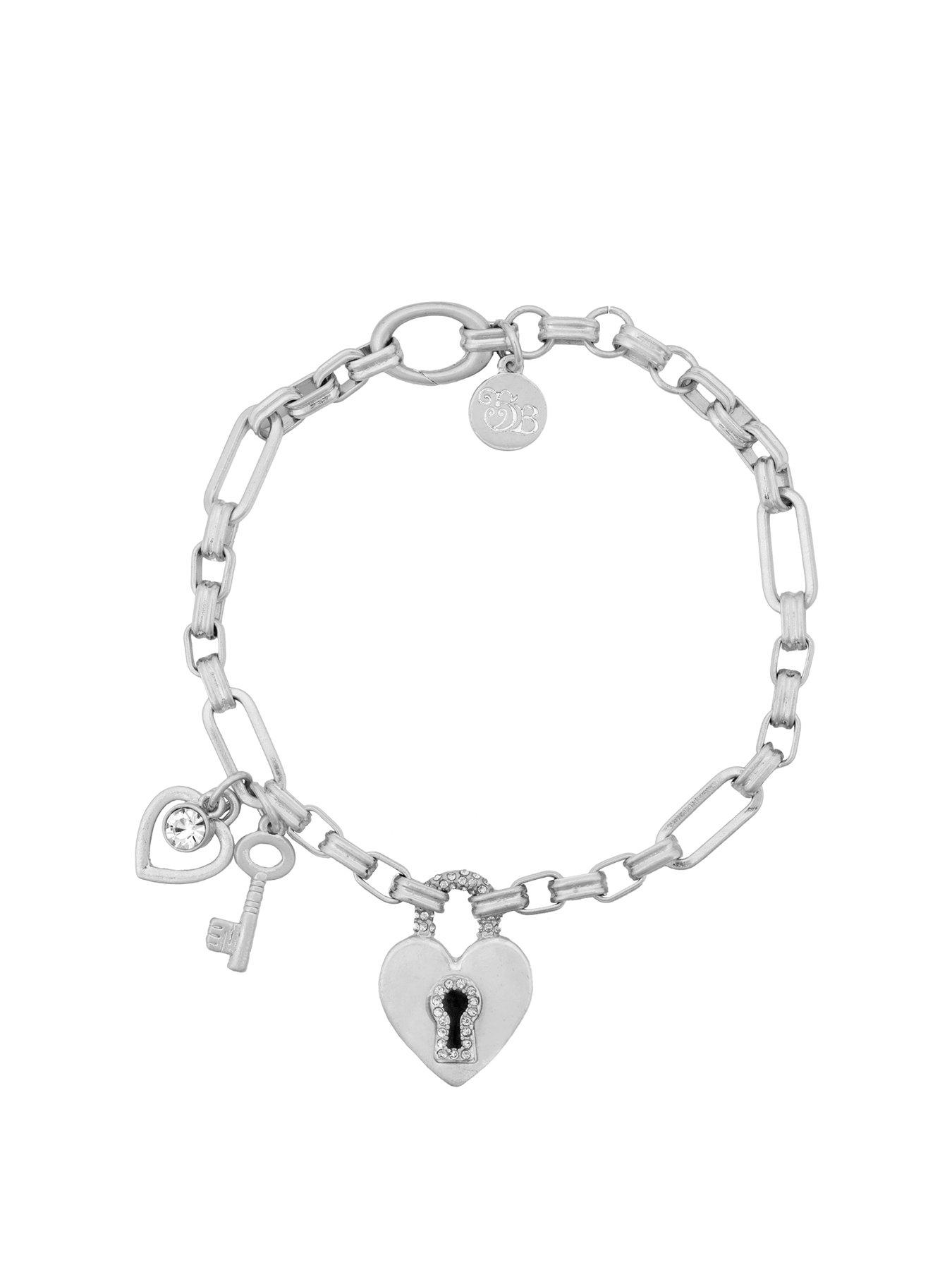 Women Silver Pave Heart Padlock and Key Bracelet