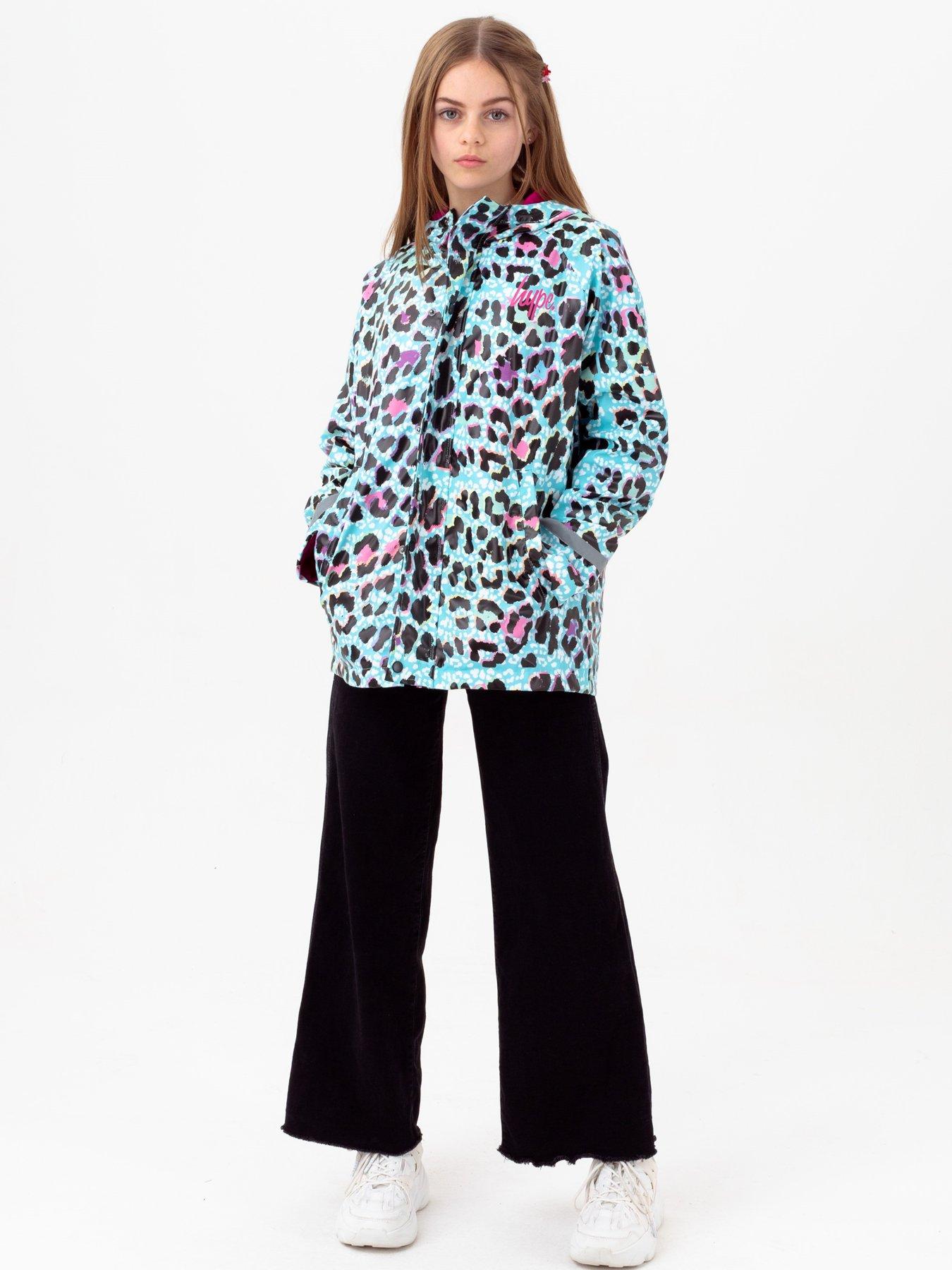 Kids Girls Leopard Script Raincoat - Blue