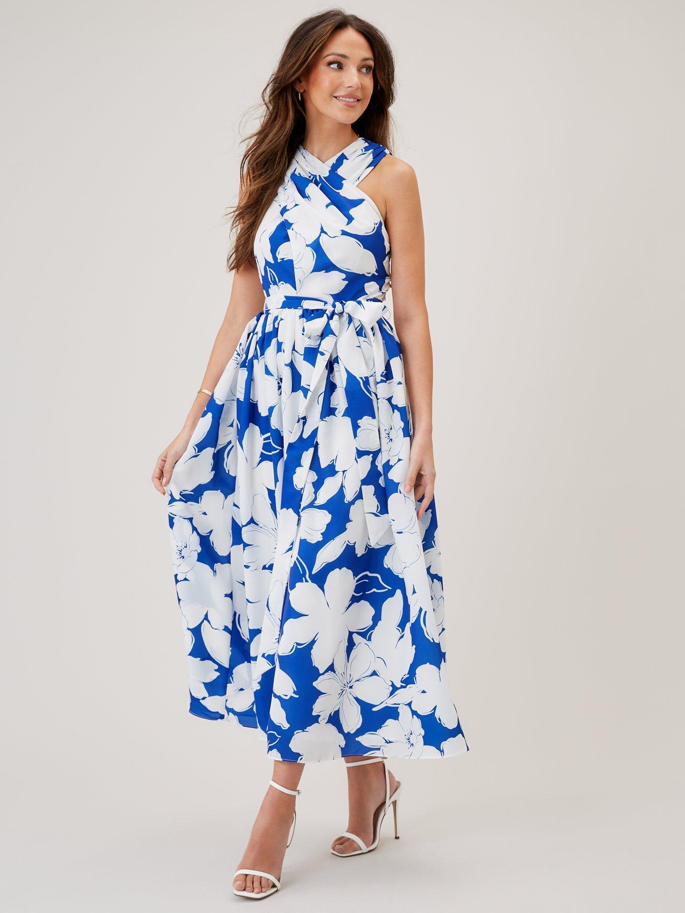 Wrap Halter Neck Midi Dress Blue