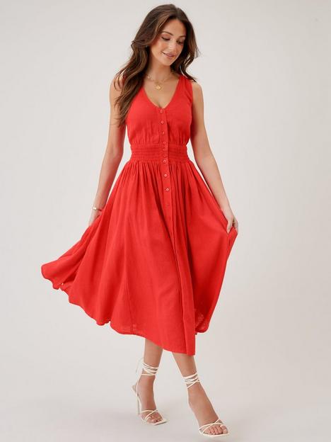 michelle-keegan-linen-button-through-midi-dress-red