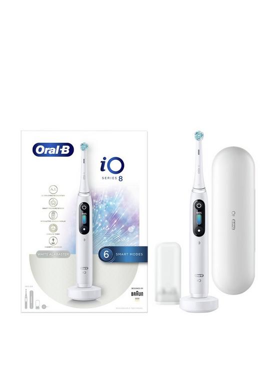front image of oral-b-io8-white-electric-toothbrush-travel-case