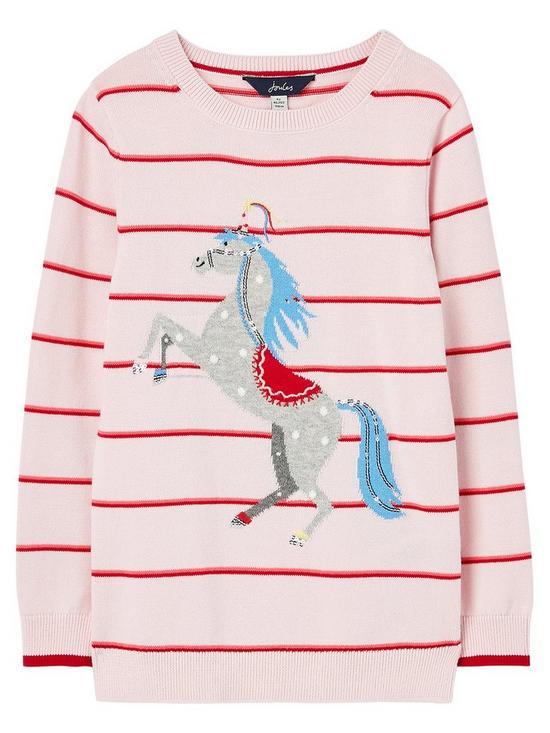 front image of joules-girls-miranda-horse-stripe-knitted-jumper-multi