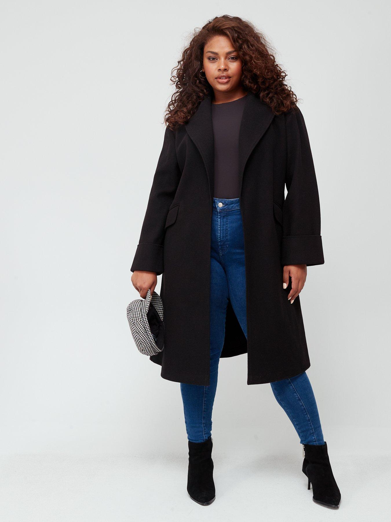 Plus size long 2024 black wool coat