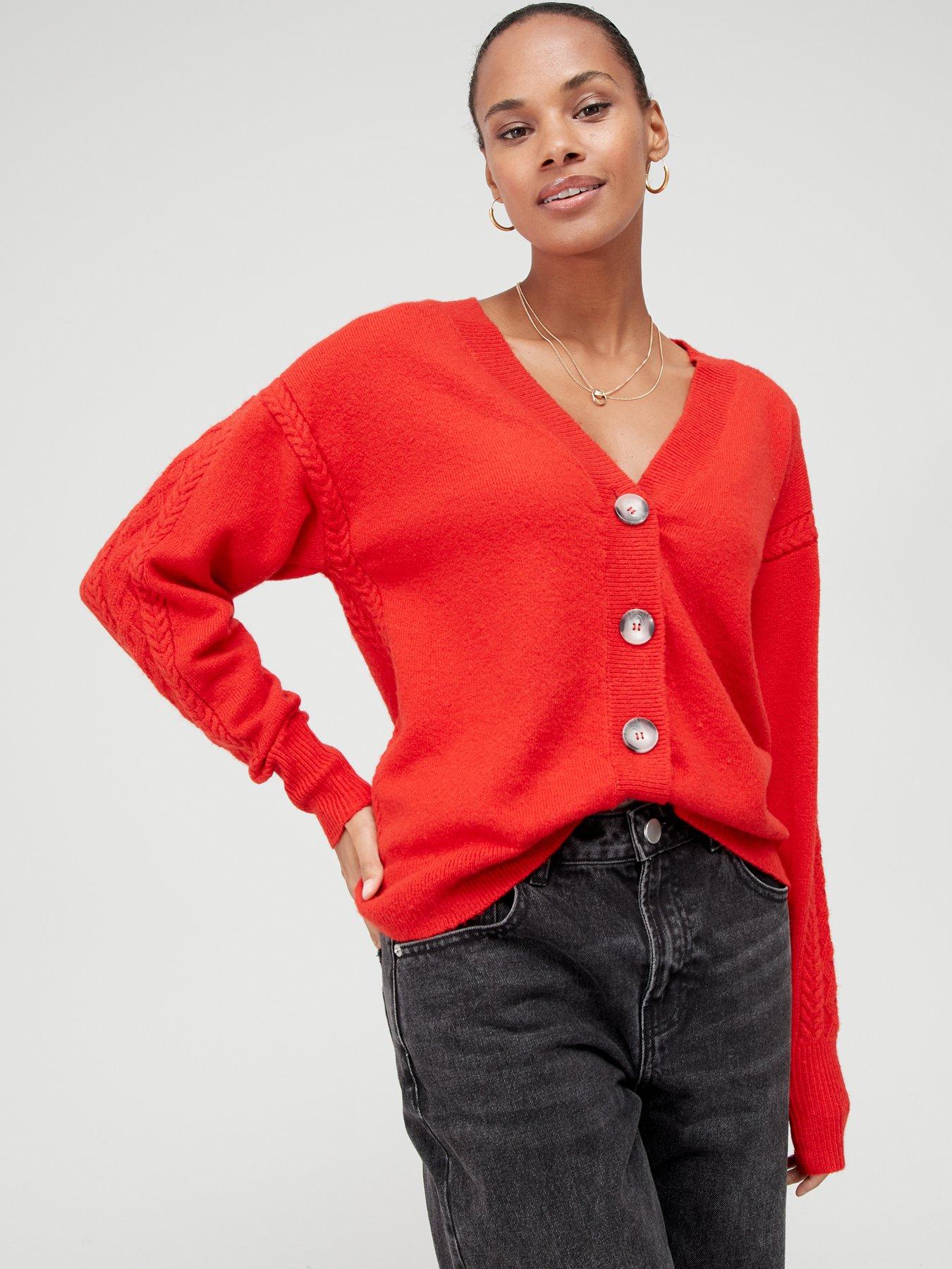 V by Very Knitted Cable Sleeve Cardigan - Red | very.co.uk