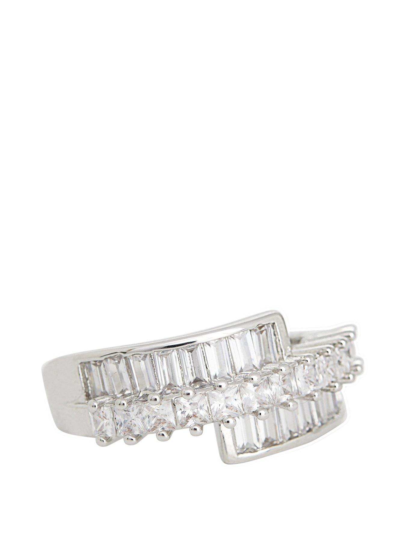 Product photograph of Jon Richard Rhodium Plate Cubic Zirconia Baguette And Pave Ring 16mm from very.co.uk
