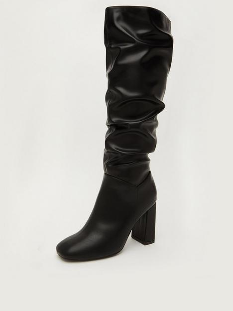 quiz-faux-leather-ruched-knee-high-boots