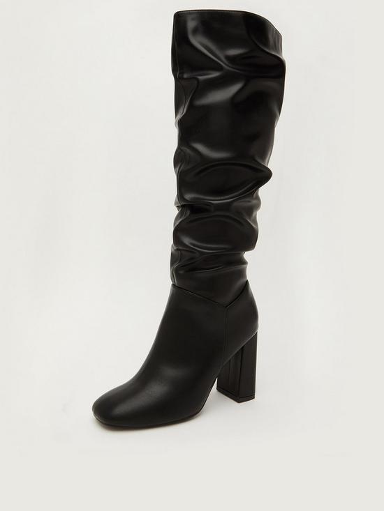 front image of quiz-faux-leather-ruched-knee-high-boots