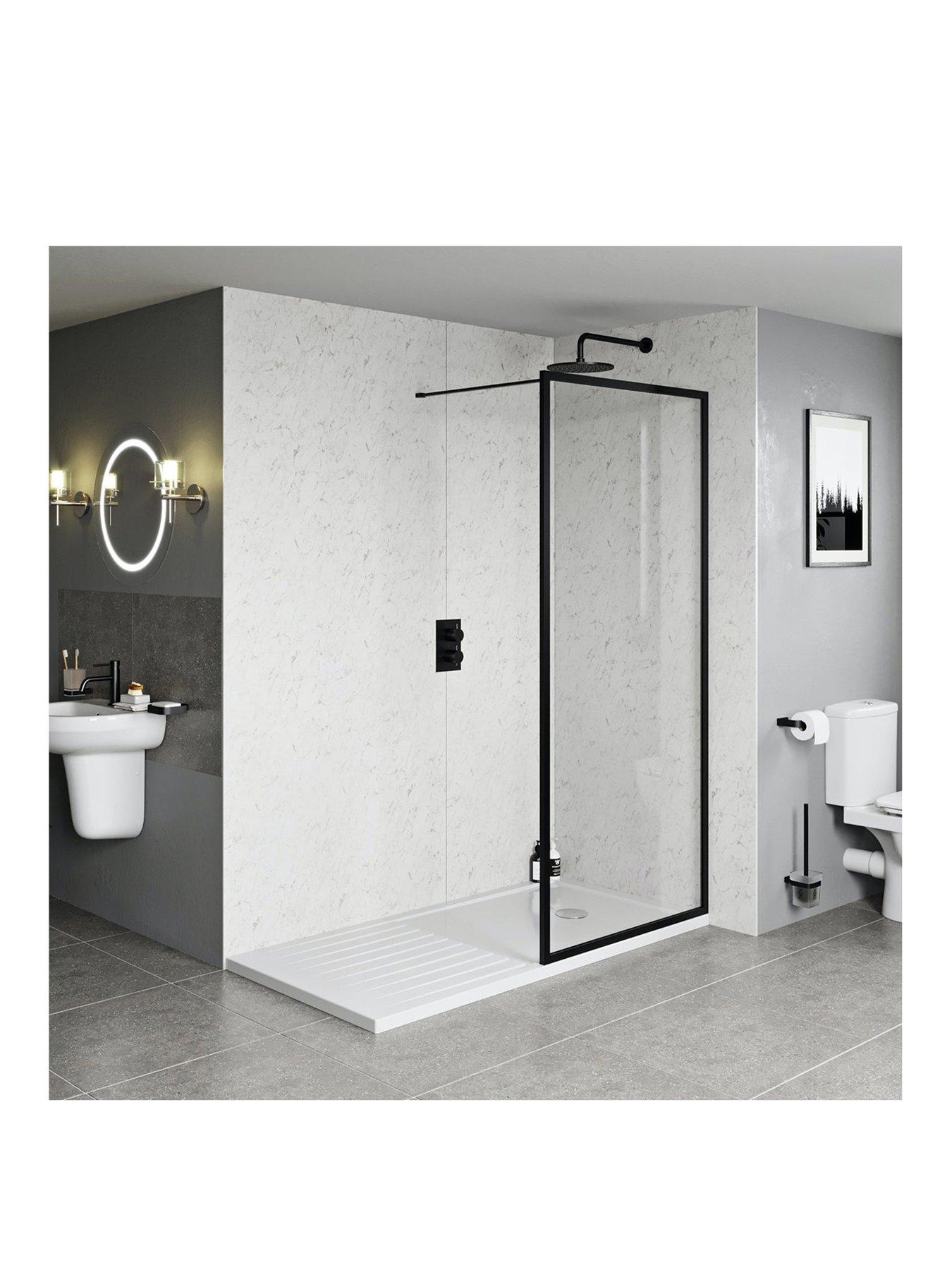 Product photograph of Orchard Bathrooms By Victoria Plum Cooper Matt Black Framed Walk In Shower Enclosure With Lightweight Tray And Waste 1400 X 900 from very.co.uk